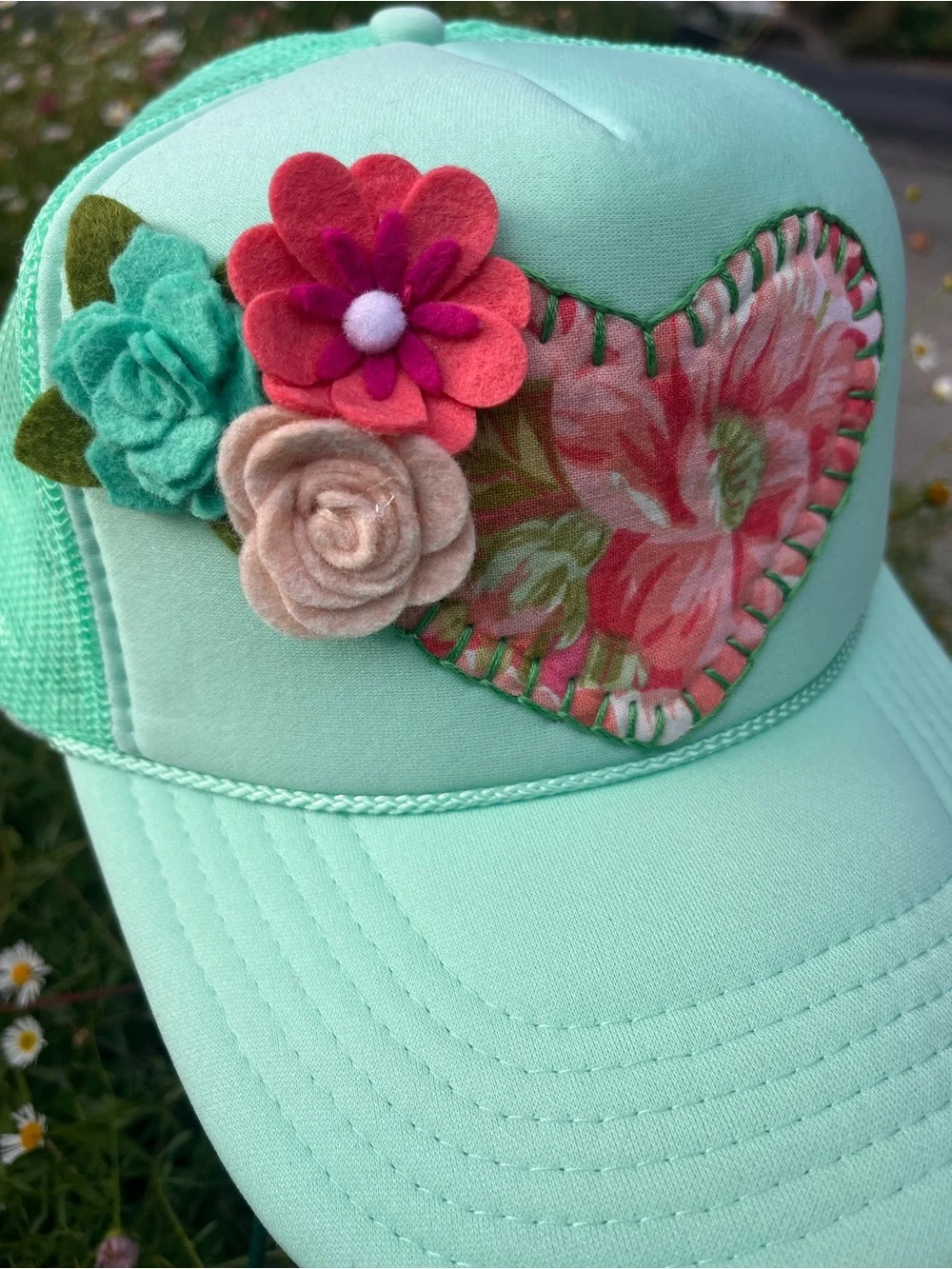 Mint Green Trucker with floral embellishments & vintage fabric heart patch